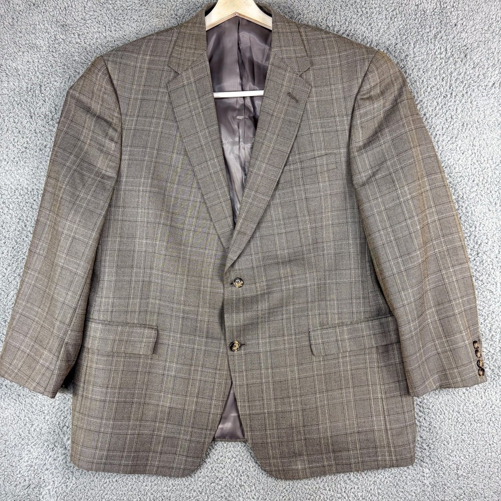 Vintage Hart Schaffner Marx Mens 48R Brown Wool Windowpane Blazer USA Union Made